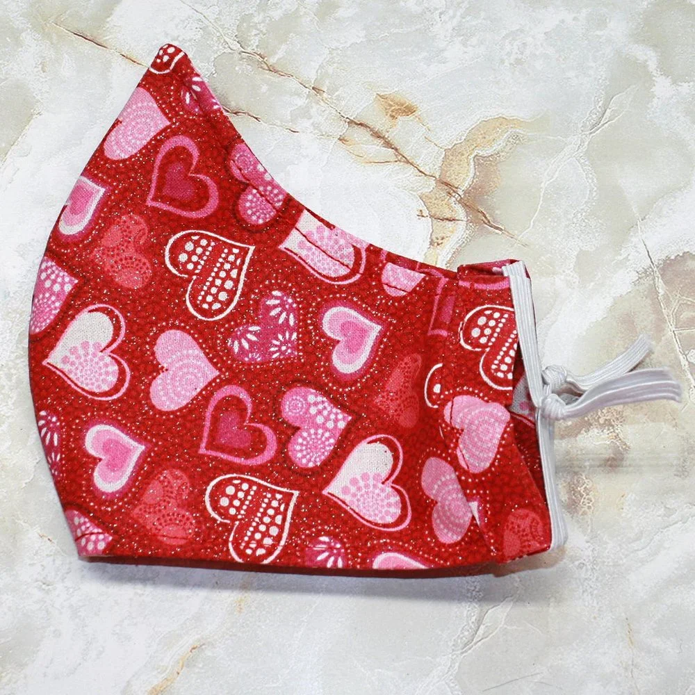 HAND CRAFTED Face Mask Hearts Red Adult Cloth Fabric Print - Shield Style